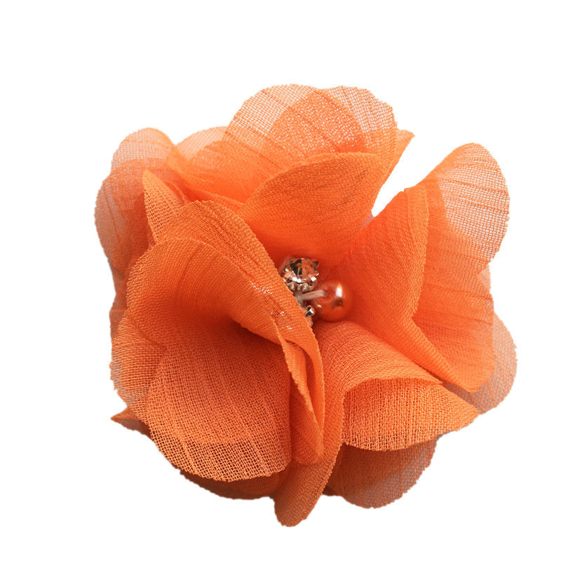 Chiffon_Flowers_Orange.jpg Chiffon Fabric Flowers ORANGE with Pearl & Rhinestone Centers 4pc - Image 1