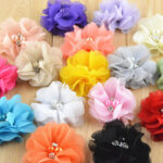 Chiffon Fabric Flowers ORANGE with Pearl & Rhinestone Centers 4pc - Image 2