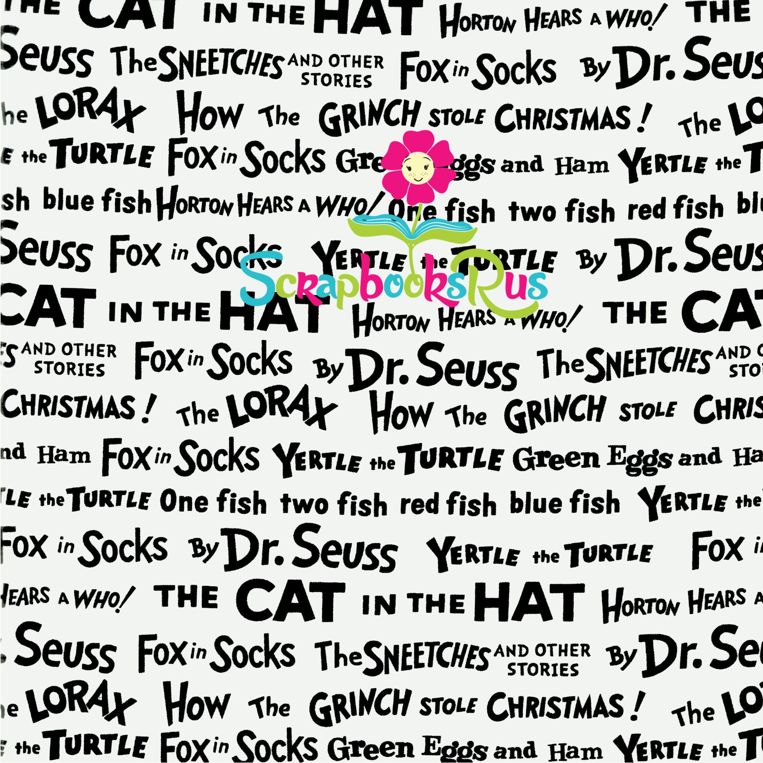 Dr._Suess_Book_Titles_Black_White_Scrapbooksrus.jpg Dr. Seuss BOOK TITLES Black & White 12"x12" Scrapbook Paper - Image 1