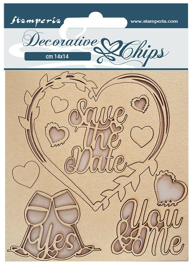 EA933031-E698-4AE6-9236-6D8FEDF470E1.jpg Stamperia Decorative Chips YOU AND ME Save The Date 10pc - Image 1