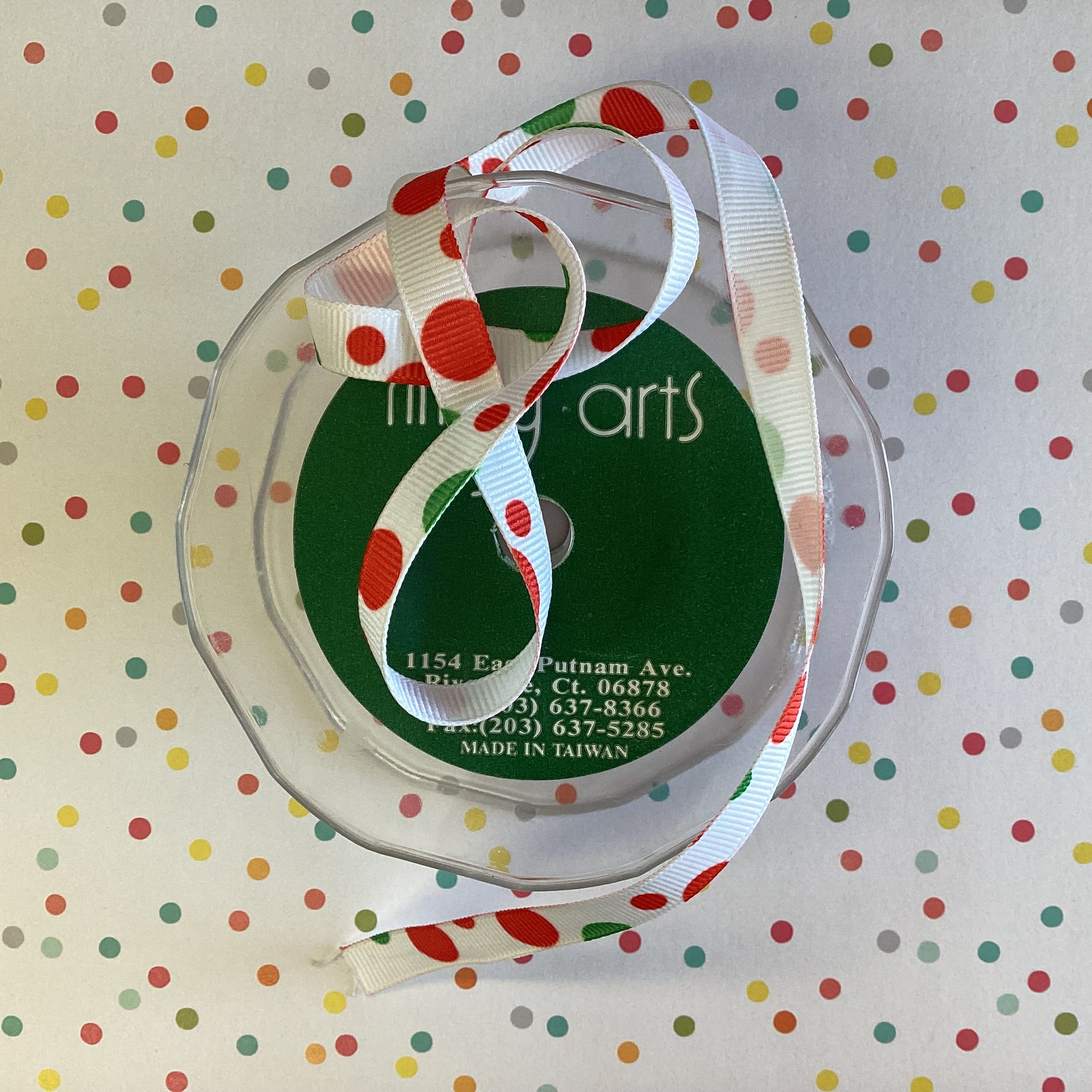 F1956C56-C83A-4B3D-8EB7-D9A76AFB906C.jpg May Arts RED & GREEN DOT RIBBON 3/8” 1 yard - Image 1
