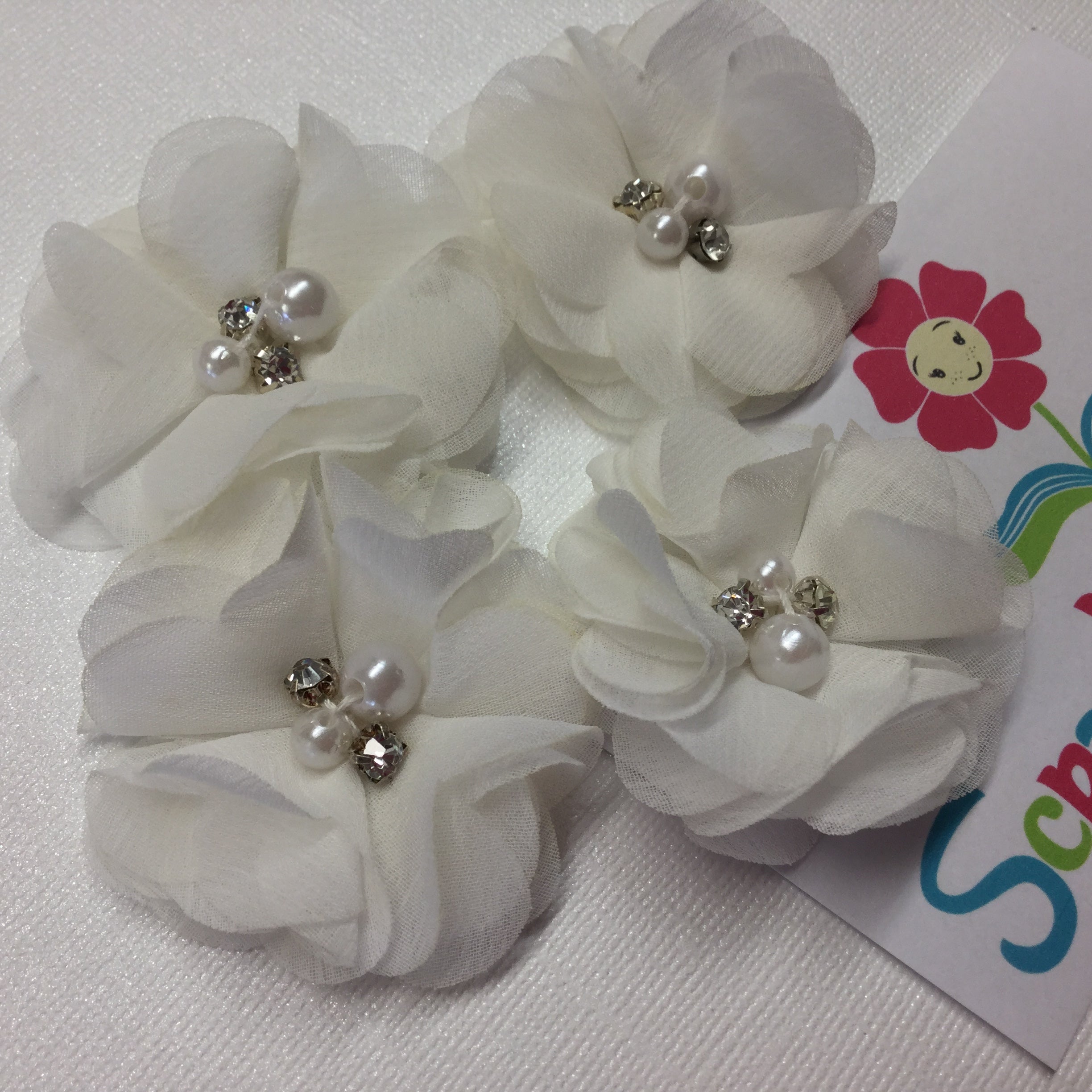 FD47A353-4212-407A-99D1-7AED98030F80.jpg Chiffon Fabric Flowers WHITE with Pearl & Rhinestone Centers 4pc - Image 1