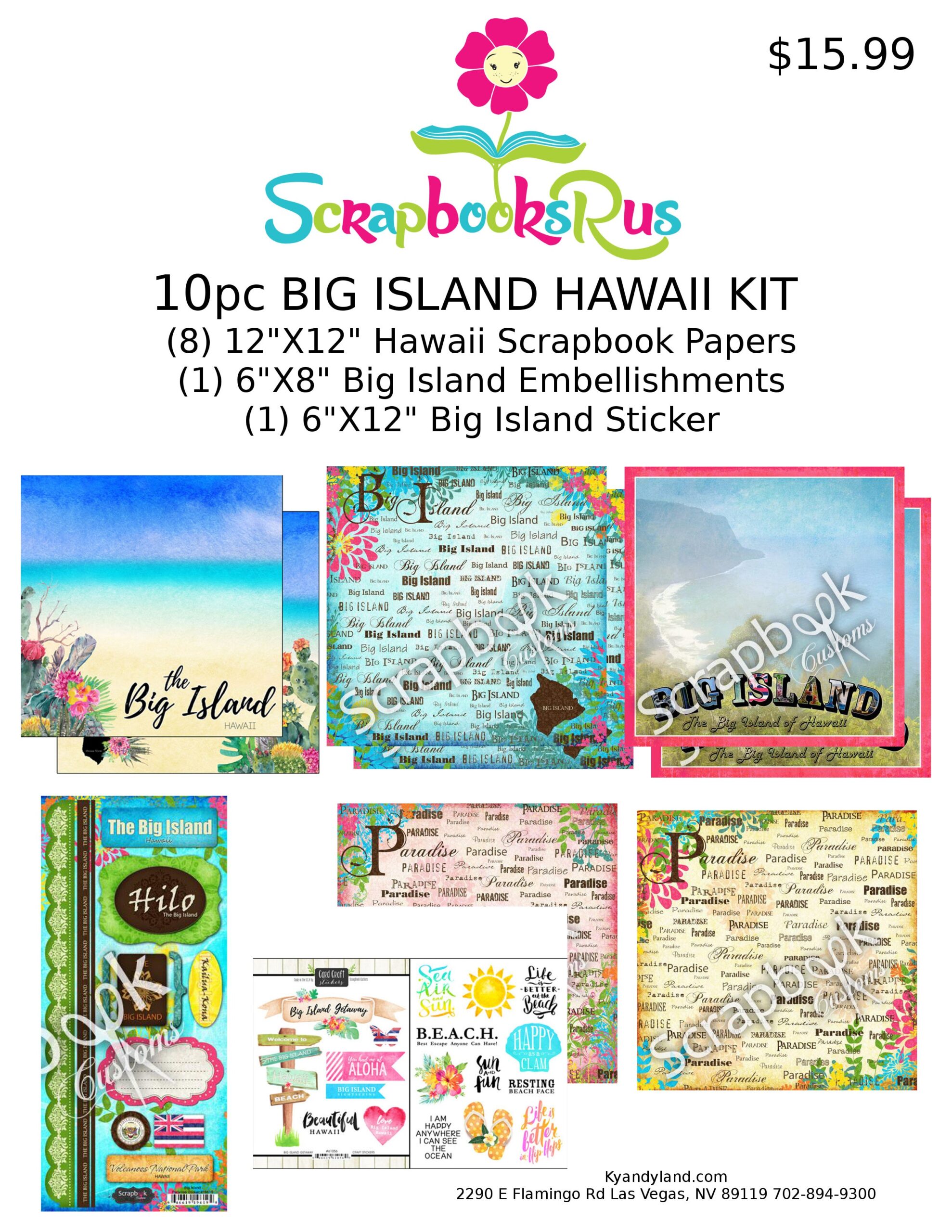 HawaiiBigIsland10pcKit.jpg Hawaii 10pc BIG ISLAND Scrapbook Kit Paper Stickers - Image 1