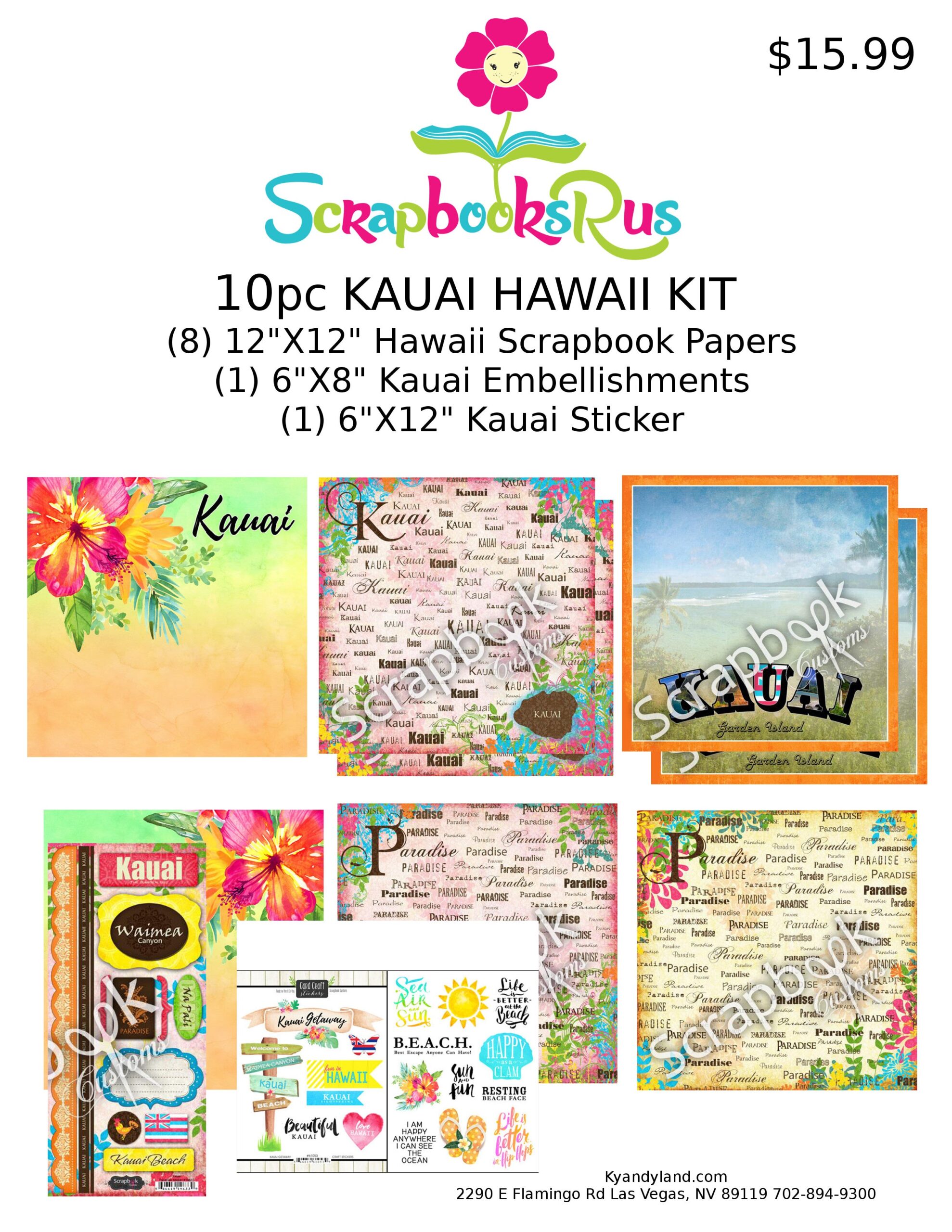 HawaiiKauai10pcKit.jpg Hawaii 10pc KAUAI Scrapbook Kit Paper Stickers - Image 1