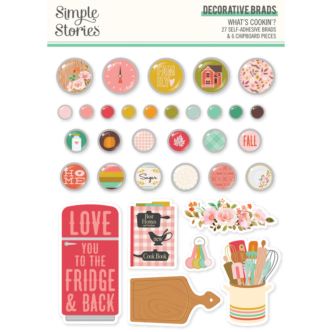 IMG-2985.jpg Simple Stories WHAT’S COOKIN’? Decorative BRADS & CHIPBOARD Pieces 32pc - Image 1