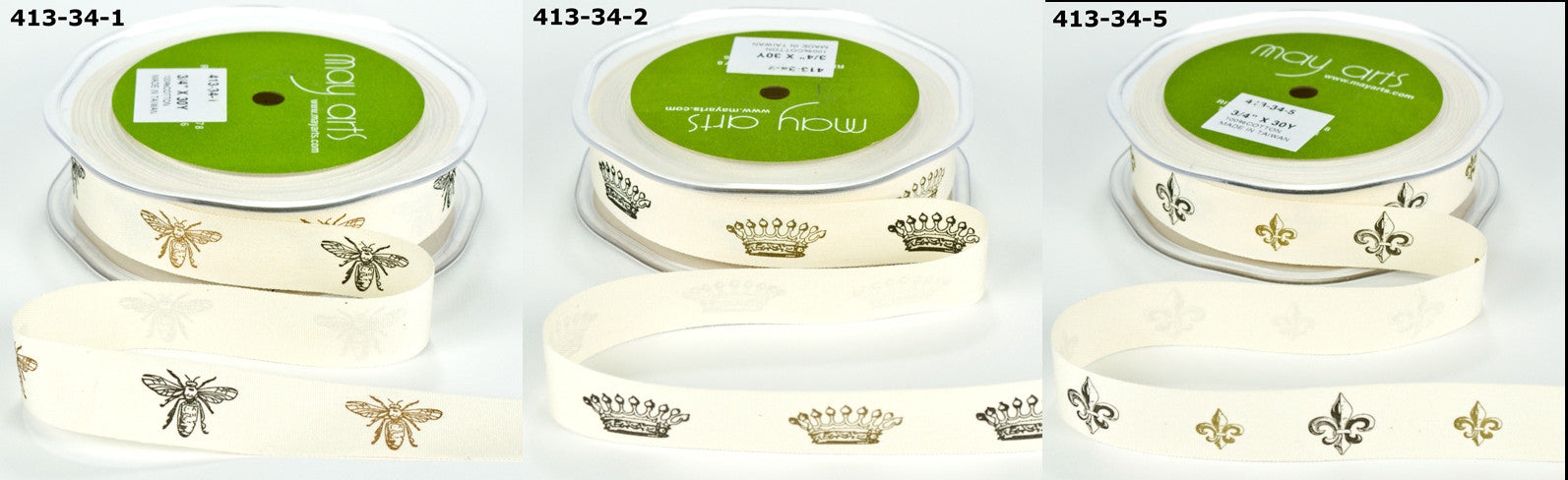 Ivory_Black_Gold_Set.jpg May Arts 3/4" IVORY CANVAS PRINT RIBBON 1 yard yd - Image 1