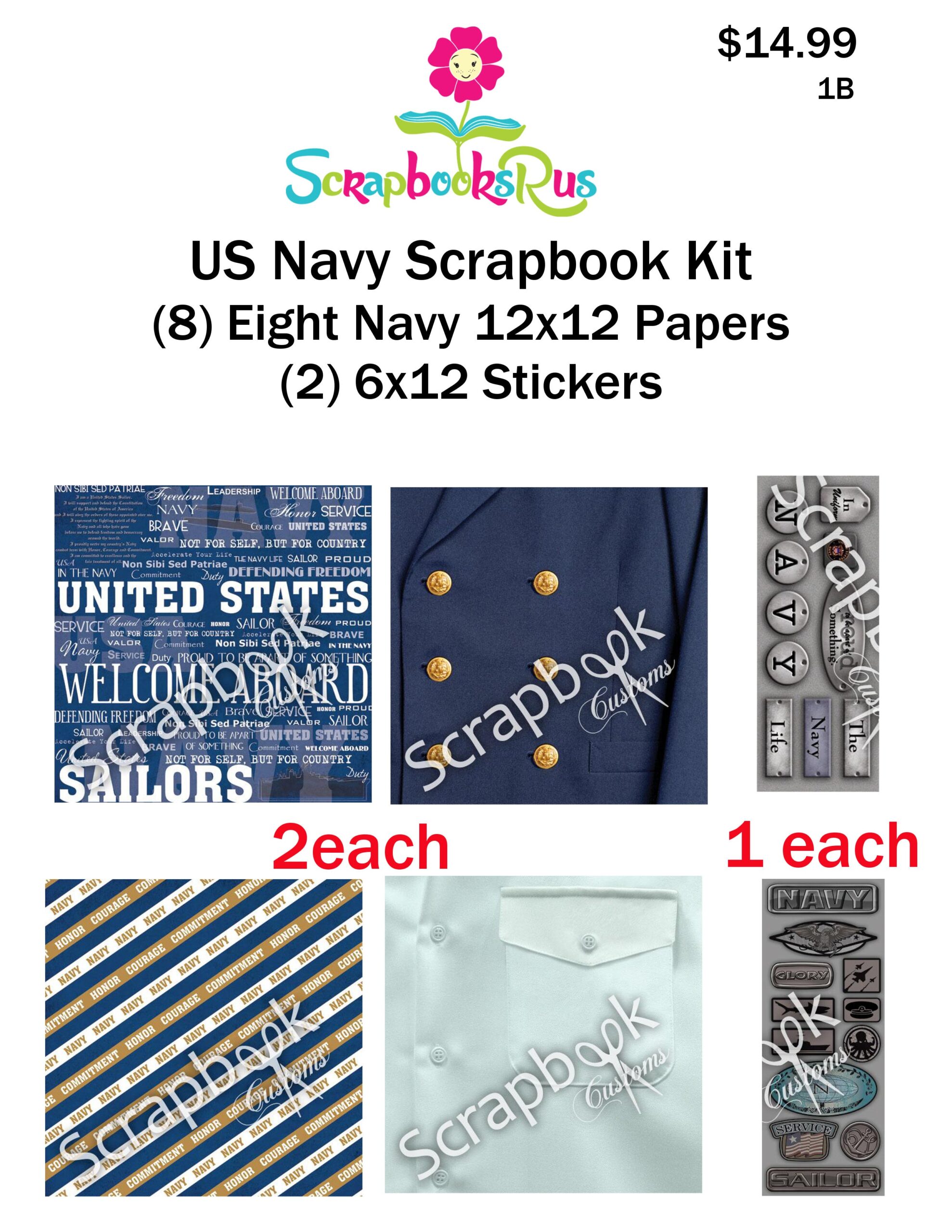 Navy_Kit_1B.jpg US NAVY 12"x12” Scrapbook 1B Paper Sticker 12pc Kit - Image 1