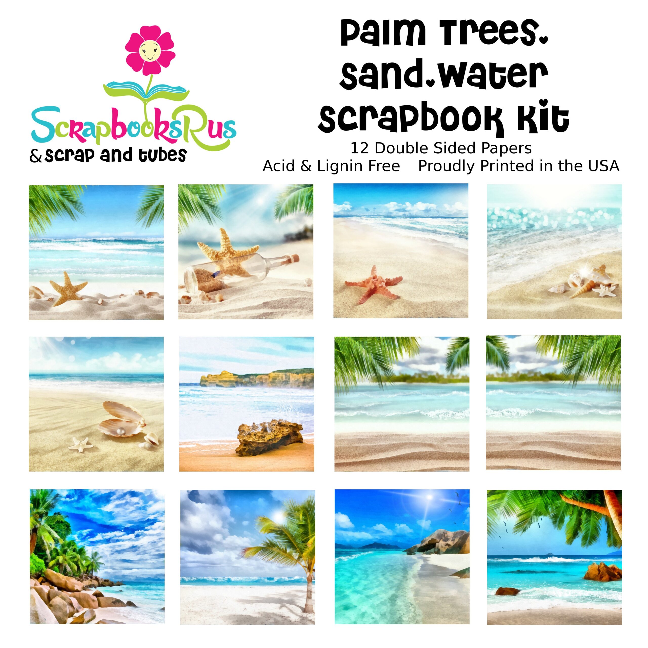 PalmTreesSandWater12x12CoverPage.jpg Scrapbooksrus PALM TREES SAND WATER SCRAPBOOK KIT 12pc 12"x12" Papers - Image 1