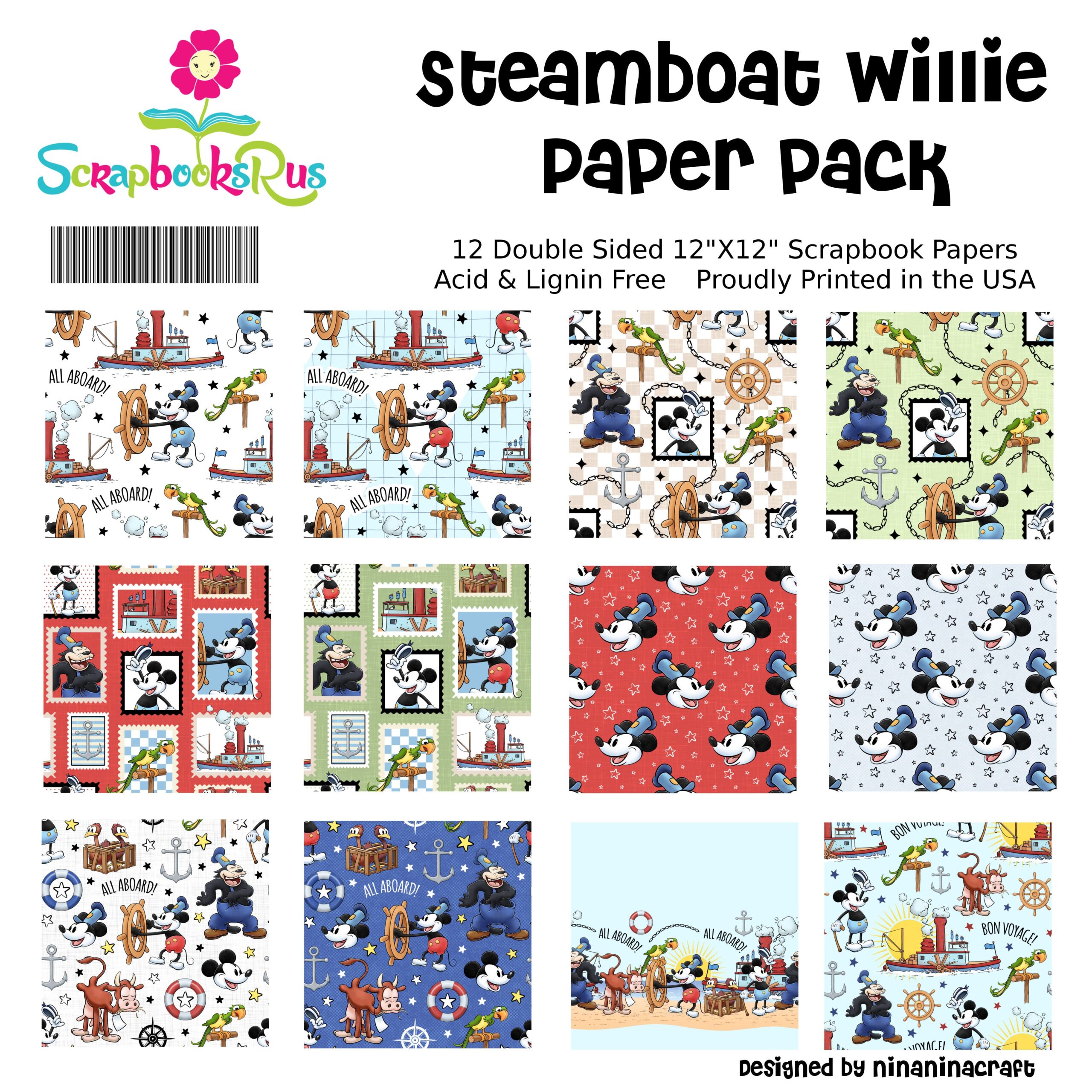 SteamboatWillie12x12CoverPage.jpg Scrapbooksrus STEAMBOAT WILLIE 12pc 12"X12" Scrapbook Paper Pack - Image 1