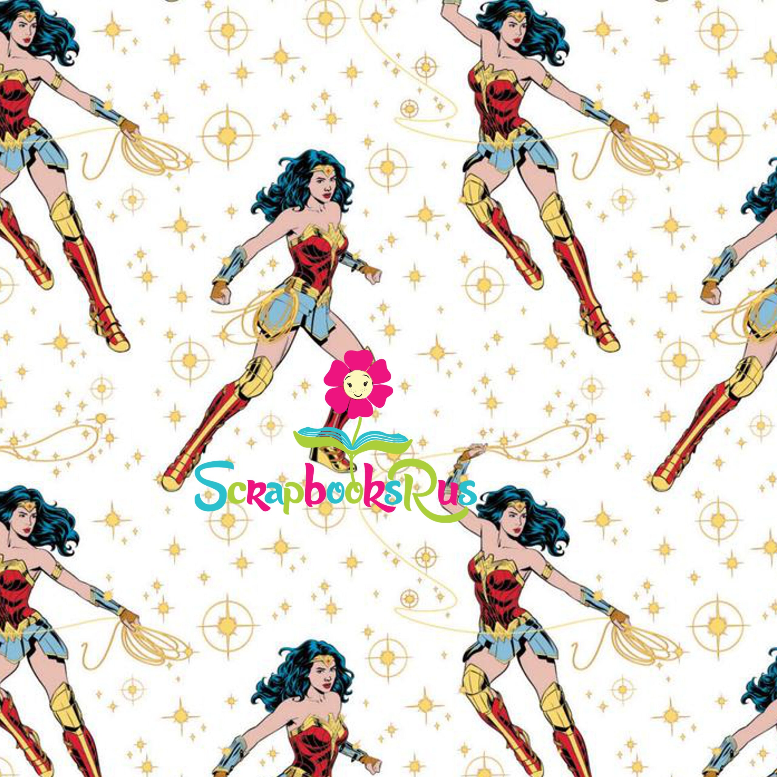 WonderWoman1984PosesWhiteScrapbooksrus.jpg Wonder Woman 1984 POSES WHITE Shimmer 12"x12" DC Scrapbook Paper - Image 1