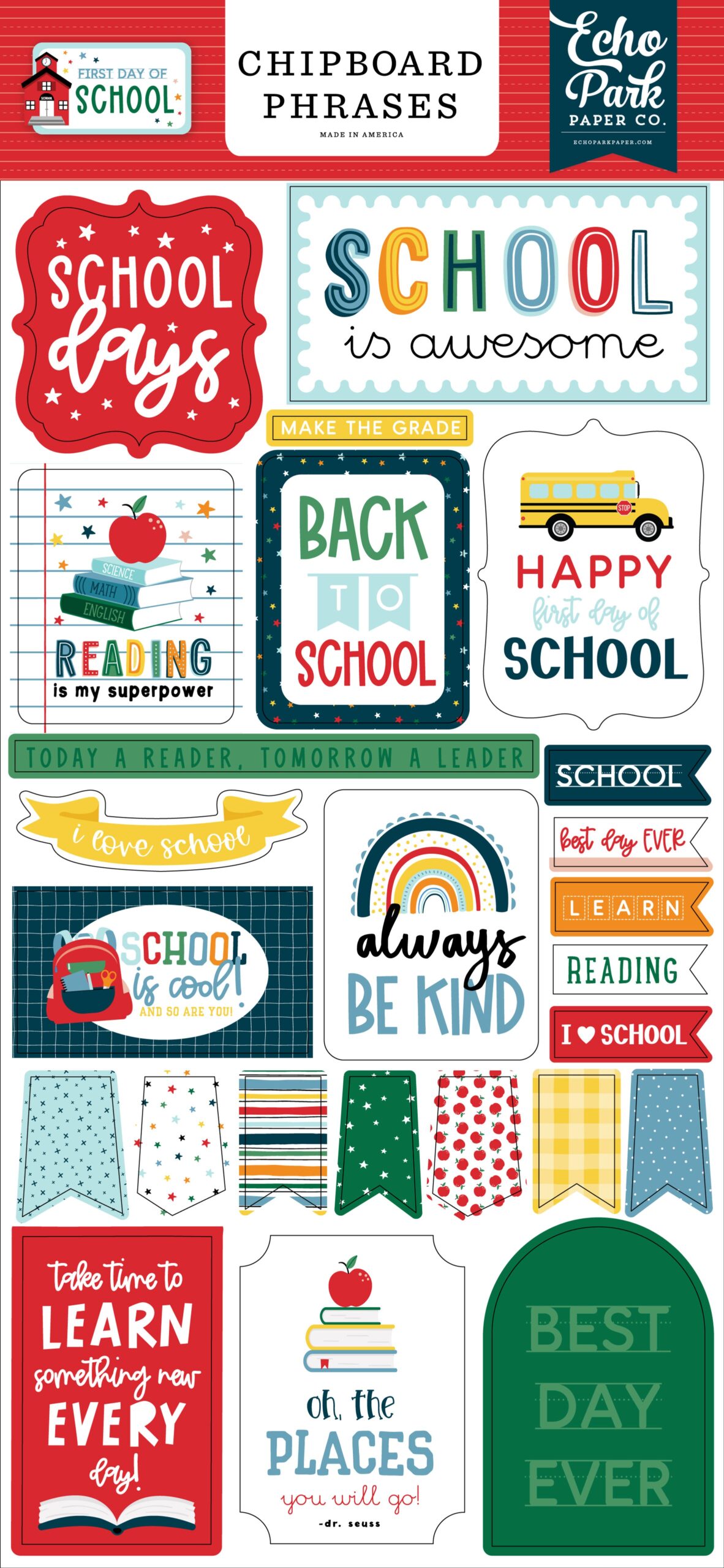image_06302a41-79f9-4838-9925-1586b303b794.jpg Echo Park FIRST DAY OF SCHOOL Chipboard Phrases 25pc - Image 1