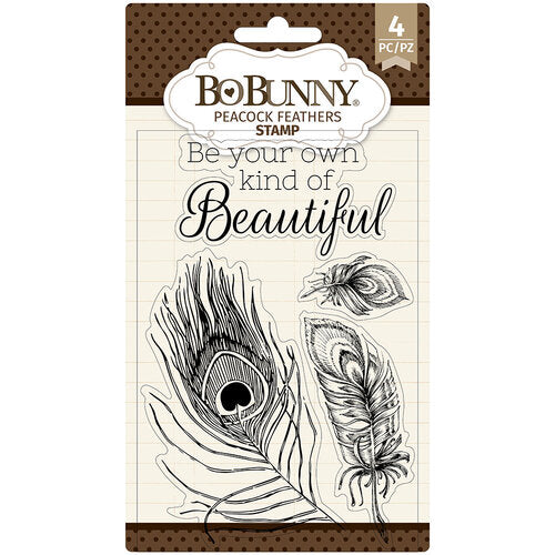 image_08453db0-b102-48b1-85d8-0d3603593bf7.jpg Bo Bunny Stamps PEACOCK FEATHERS Clear Acrylic 4pc - Image 1