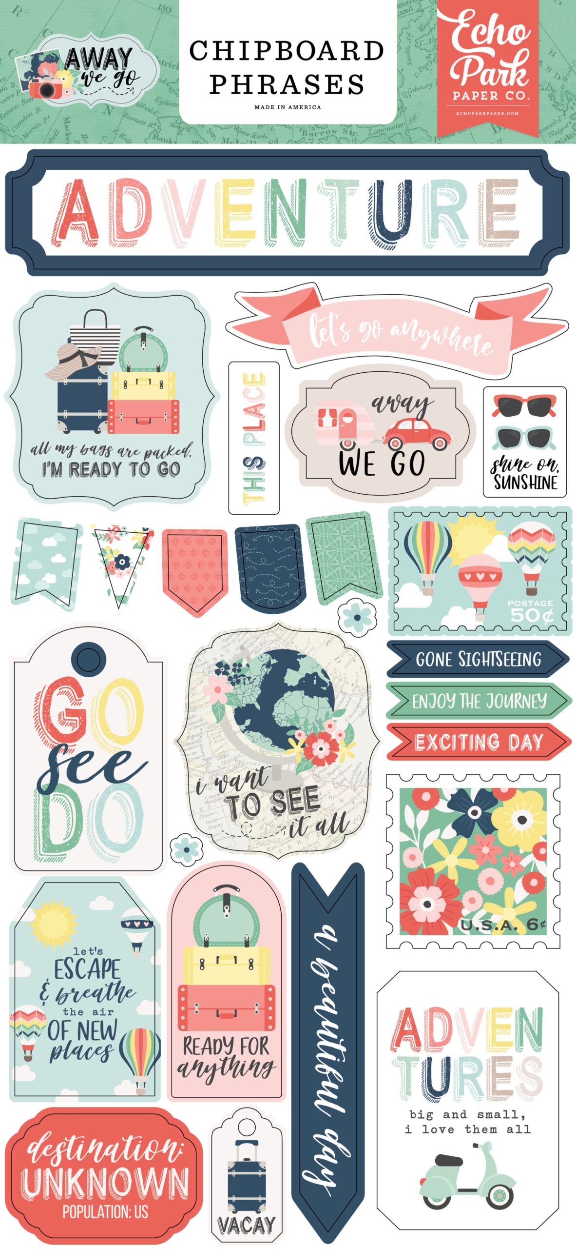 image_10e55b55-acc2-446a-ba6b-eed793bcb561.jpg Echo Park AWAY WE GO Chipboard Phrases Scrapbook Stickers - Image 1