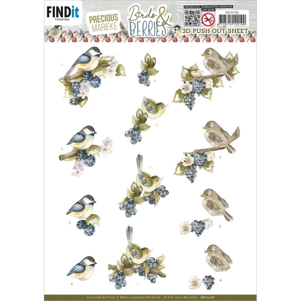 image_4cf13a8f-0d76-406a-bc4e-0bf3aabdfcf1.jpg Precious Marieke BIRDS & BERRIES 3D Push Out Sheet 15pc - Image 1