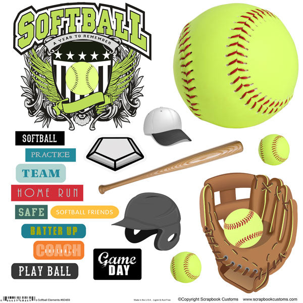 image_4ecee2f8-16ca-4de5-a30a-2f0825ea5784.jpg Scrapbook Customs SOFTBALL ELEMENTS Sticker Cut Outs 12"X12" - Image 1
