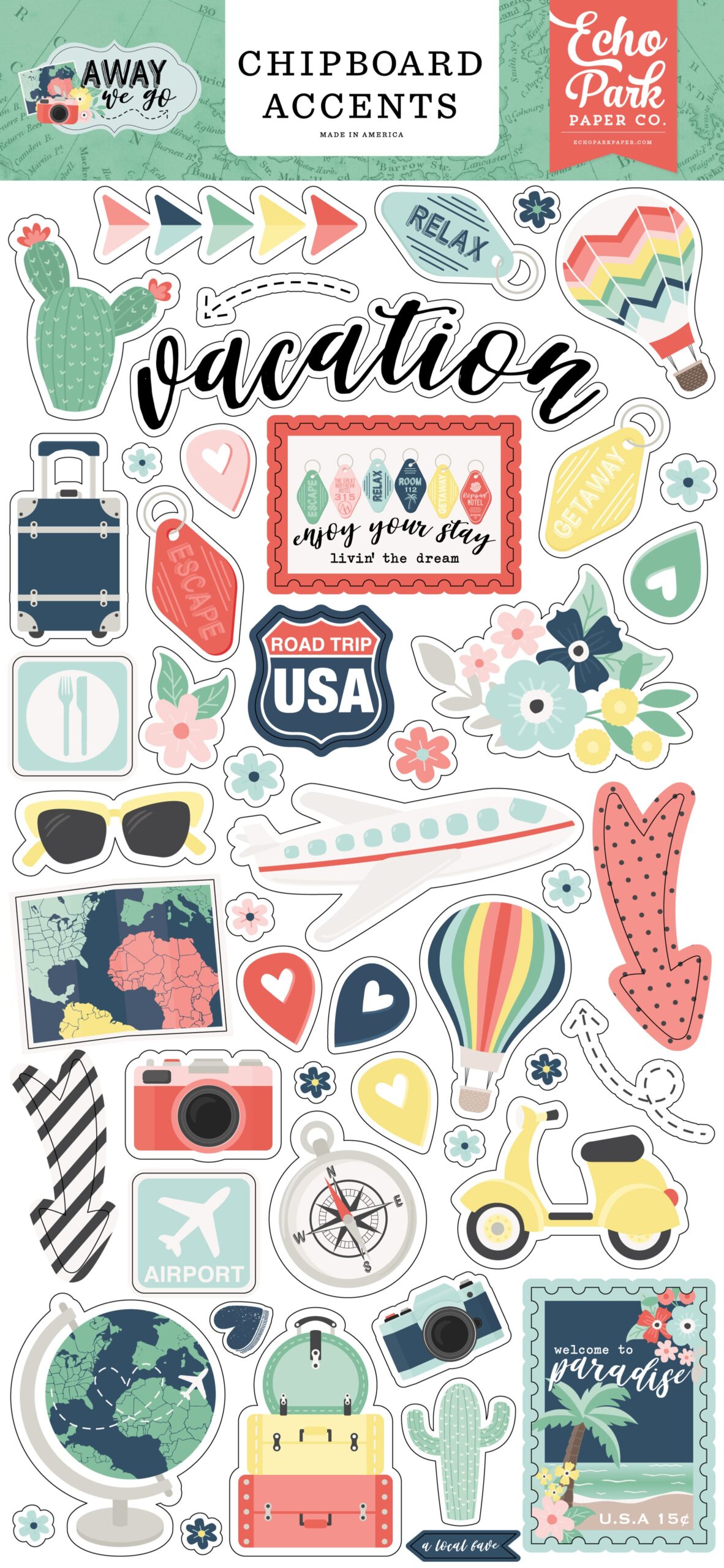image_4f245b28-1694-41d8-b1ee-19057086cb4b.jpg Echo Park AWAY WE GO Chipboard Accents Scrapbook Stickers - Image 1