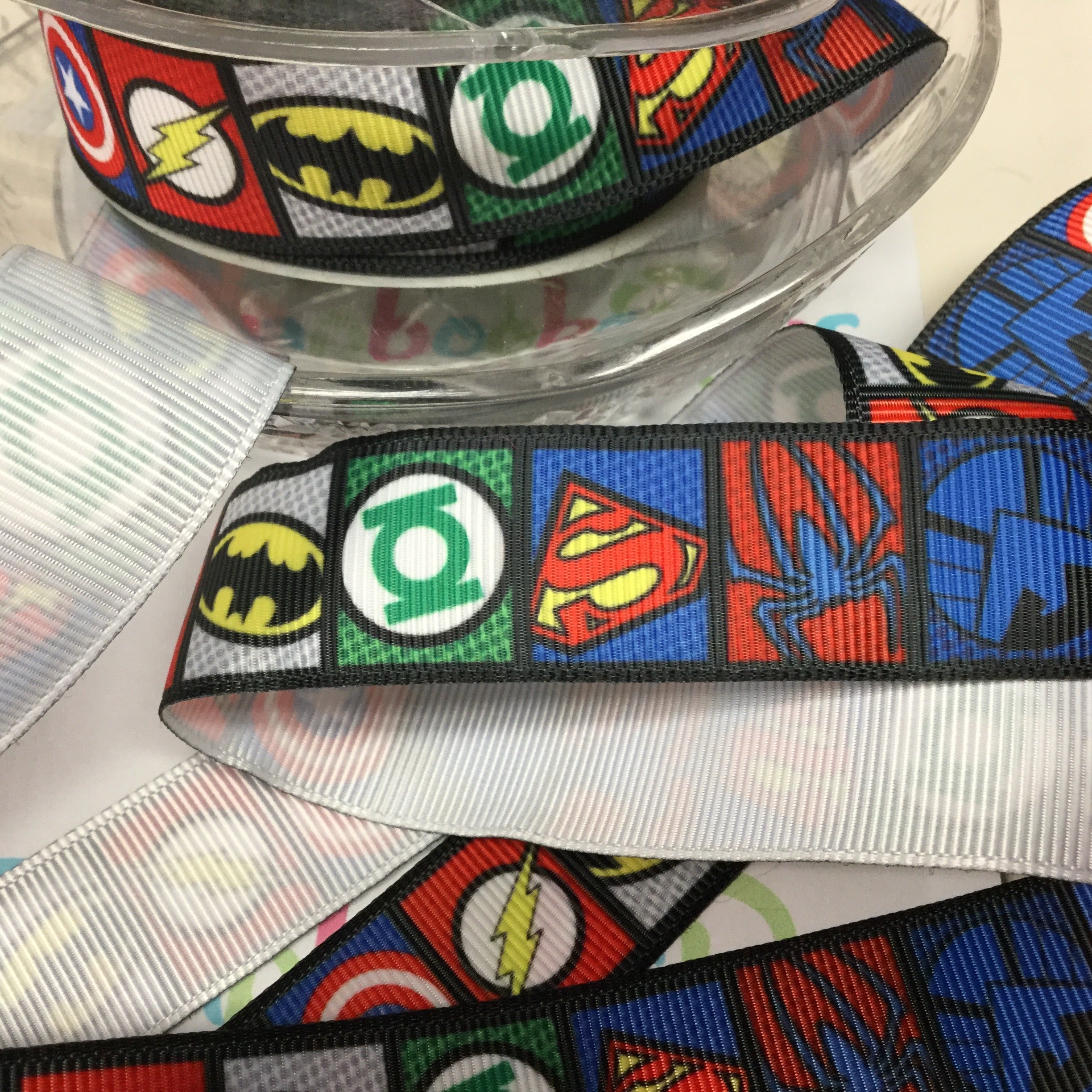 image_5d4598e0-2a90-46ed-851d-4b027763b89d.jpg DC Superhero Character Logo Grosgrain Ribbon 1 yard - Image 1
