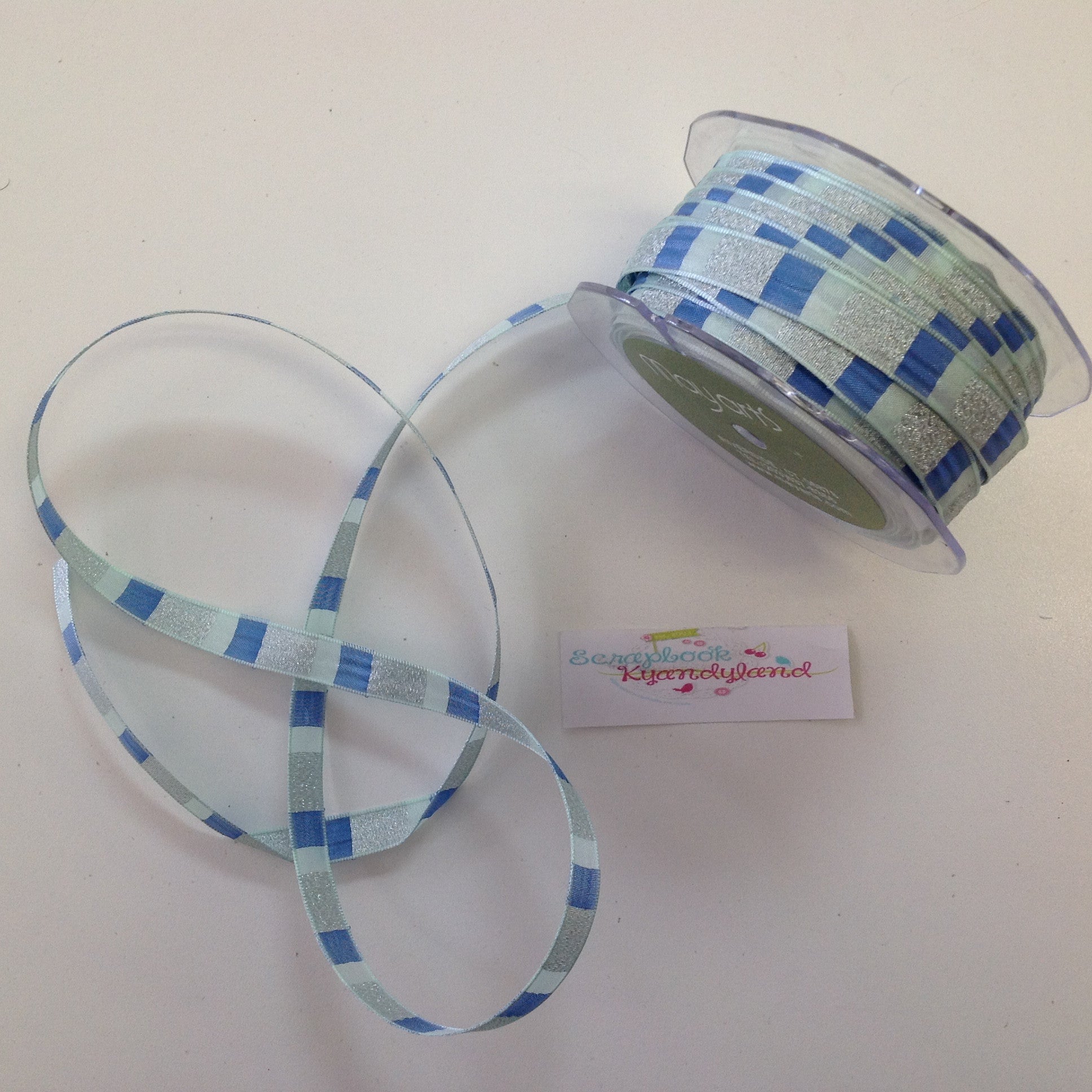 image_6b653fdb-3007-4a4c-a8f8-2ff7082e04a4.jpeg May Arts 3/8" GLITTERED SQUARES Ribbon Trim 1 yard yd - Image 1
