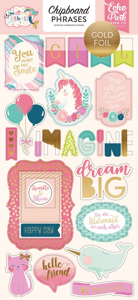 image_88ad854e-7a08-4465-b78f-c4e9910d5ad1.jpg Echo Park 6"x12" IMAGINE THAT GIRL Chipboard Phrases 23pc - Image 1