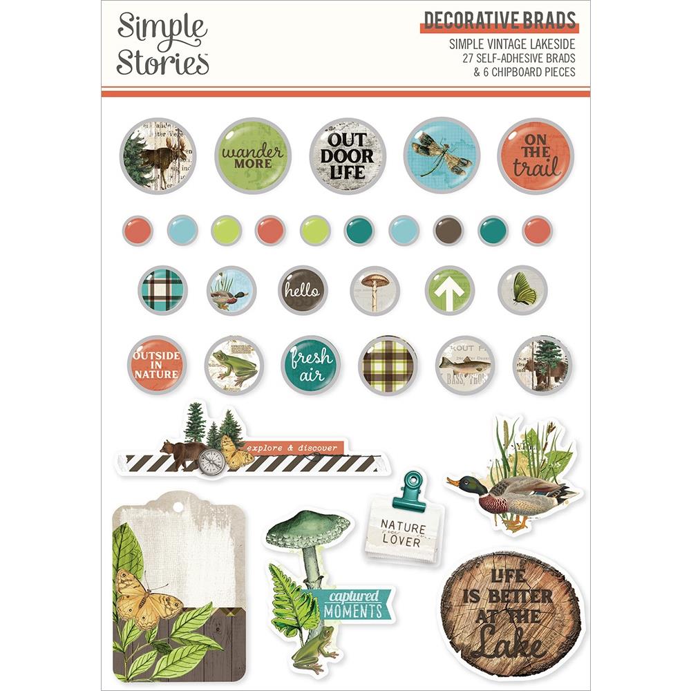 image_c4a89272-c9c0-402a-9fec-6e462f2bddef.jpg Simple Stories VINTAGE LAKESIDE Decorative Brads & Chipboard Pieces 33pc - Image 1