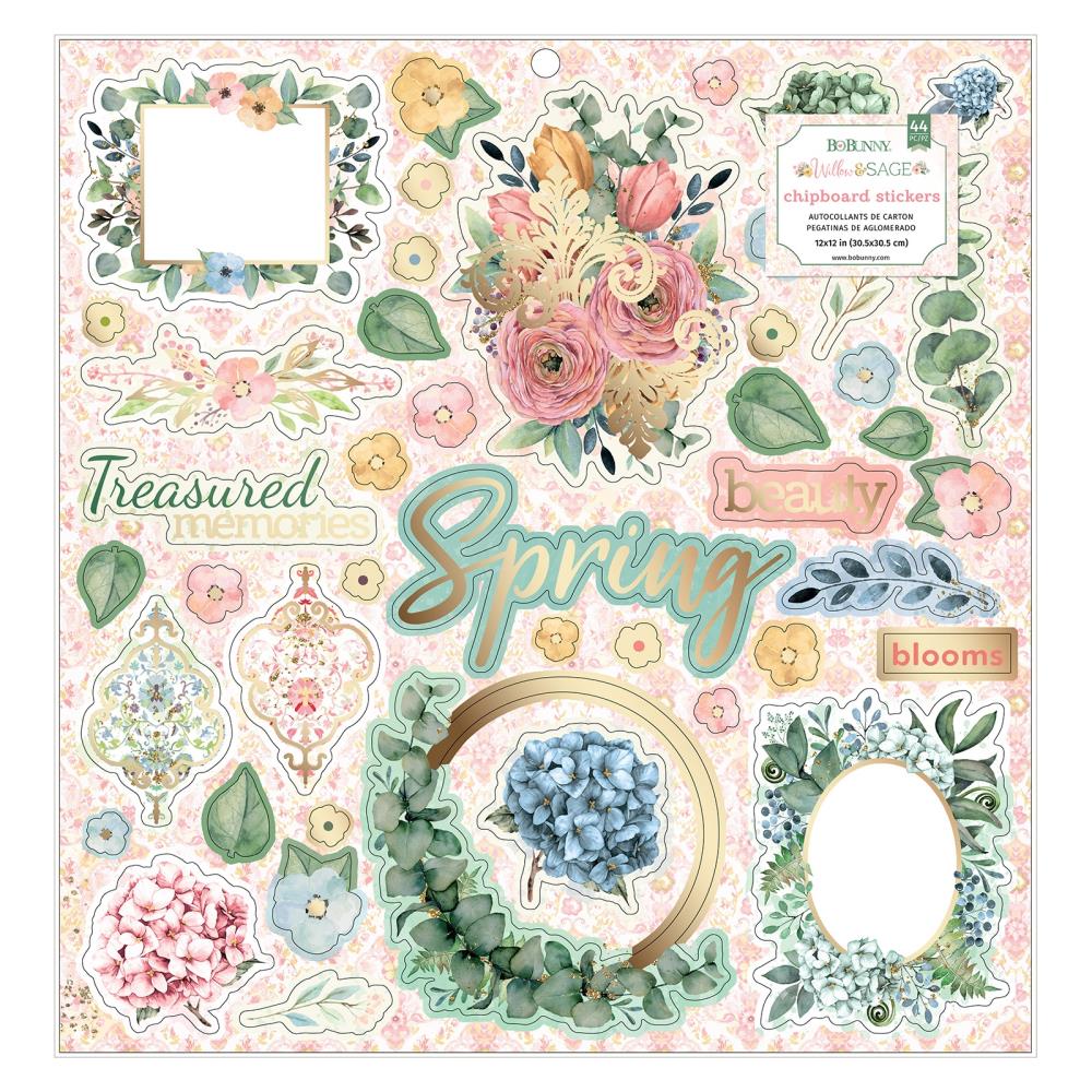 image_d95cfdb9-8b82-4afb-b256-65cef5a73102.jpg Bo Bunny Willow & Sage 12X12 CHIPBOARD STICKERS 44pc - Image 1