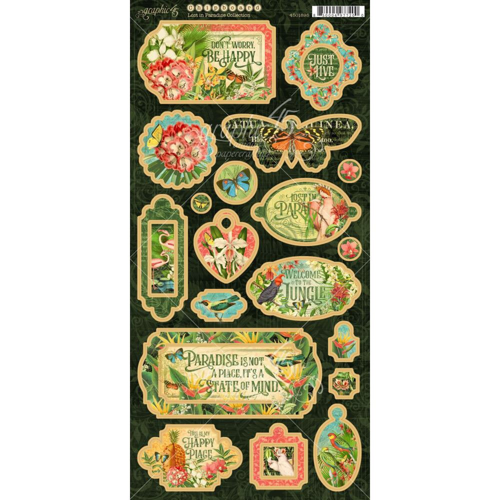 image_e8043d76-9507-47a6-b652-35ccc0a3e702.jpg Graphic 45 LOST IN PARADISE Chipboard Stickers 19 pc - Image 1