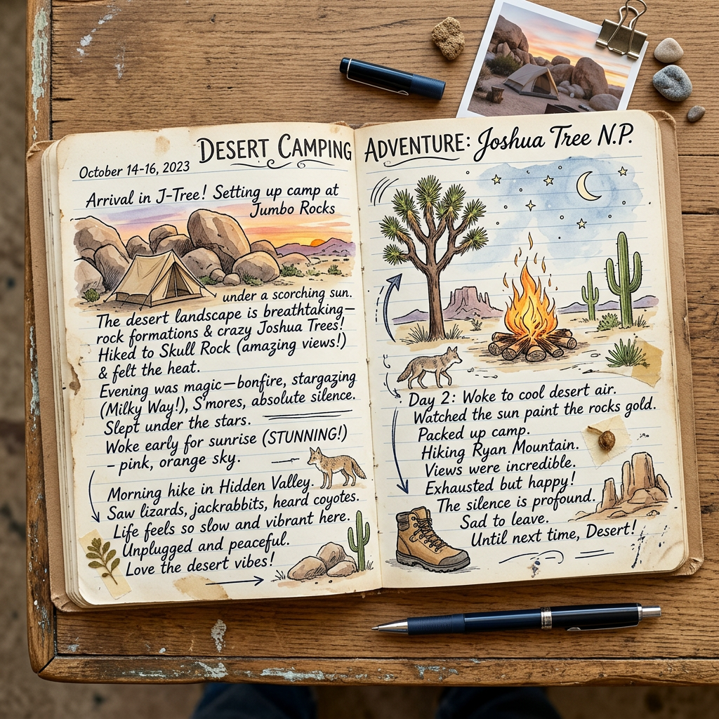 Open journal with handwritten desert camping adventure notes and watercolor illustrations of Joshua Tree, campfire, boots, and desert landscape