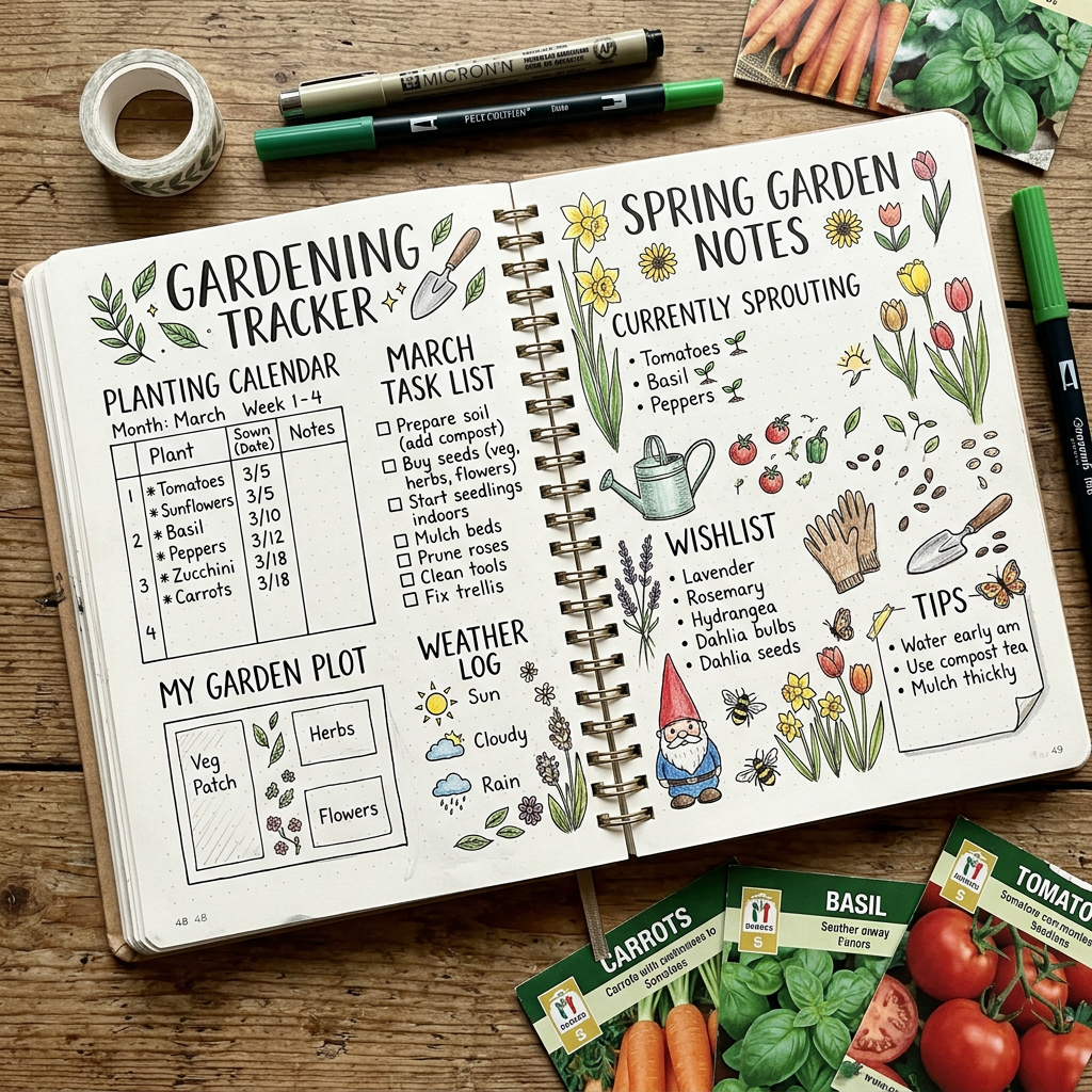Open gardening journal with planting calendar, task list, garden plot, weather log, and spring garden notes