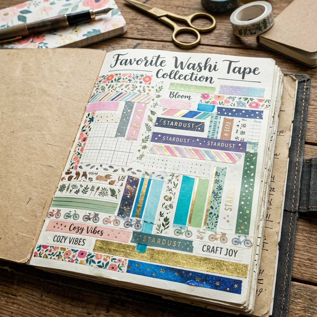 Journal page with various decorative washi tape samples arranged in rows and labeled